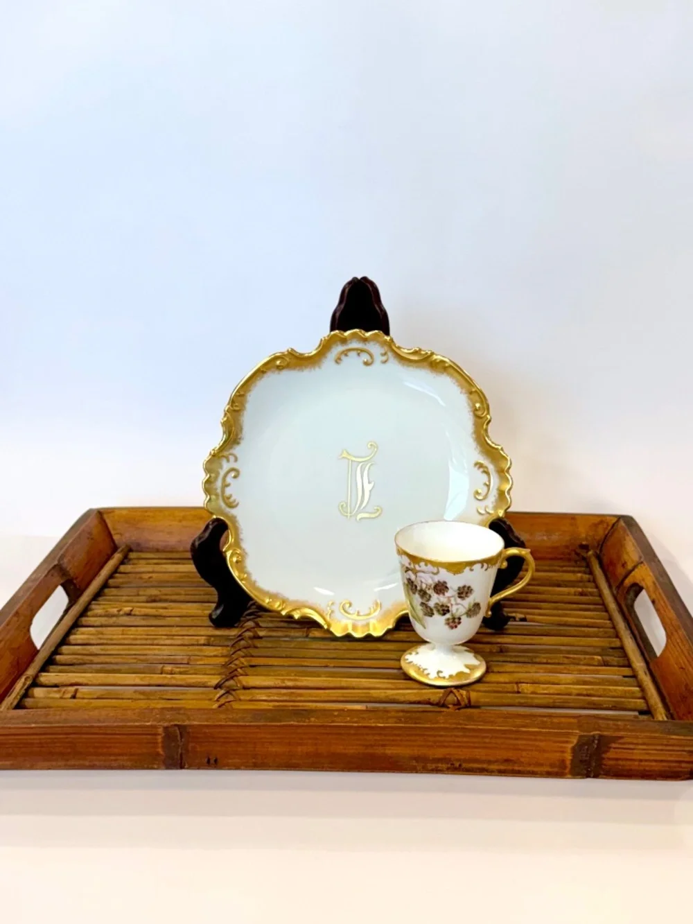 Vintage Hand Painted Porcelain 2-Pc Set Monogram Plate & Footed Berry Teacup